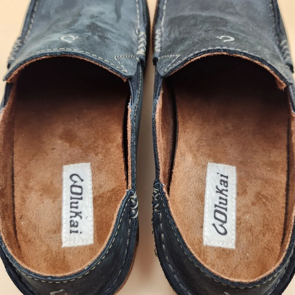 Olukai Moloa Mens Black Leather Slip On Casual Loafer Shoes 8.5 Suede 10128 4033